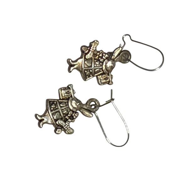Vintage Alice in Wonderland White Rabbit Charm Earrings Brass Tone Hook Dangle - Picture 5 of 6